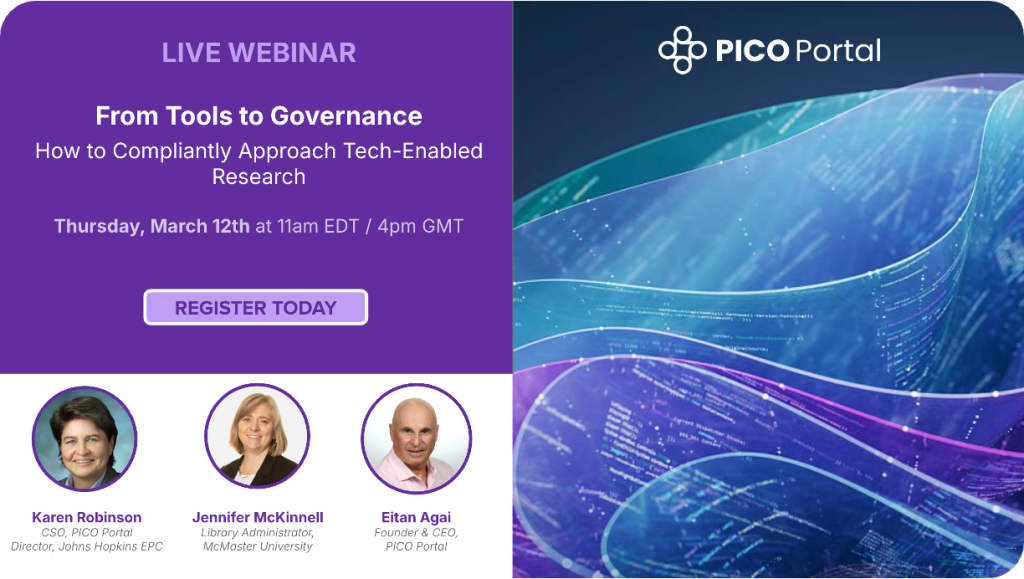 PICO Portal live webinar banner about governance and tech-enabled research with speaker headshots and registration button